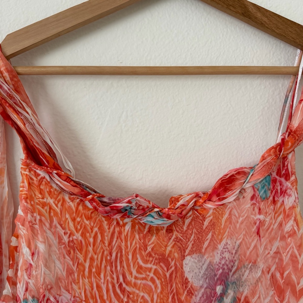 Komarov Crinkle Floral Midi Dress Size Large Orange Flowy Formal Spring Wedding - Picture 3 of 13
